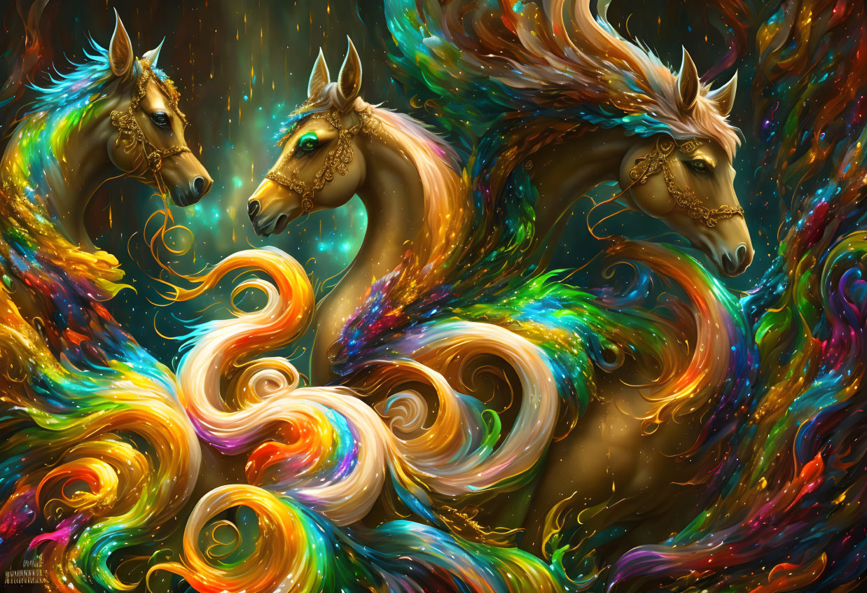 Ethereal horses with golden bridles in cosmic scene