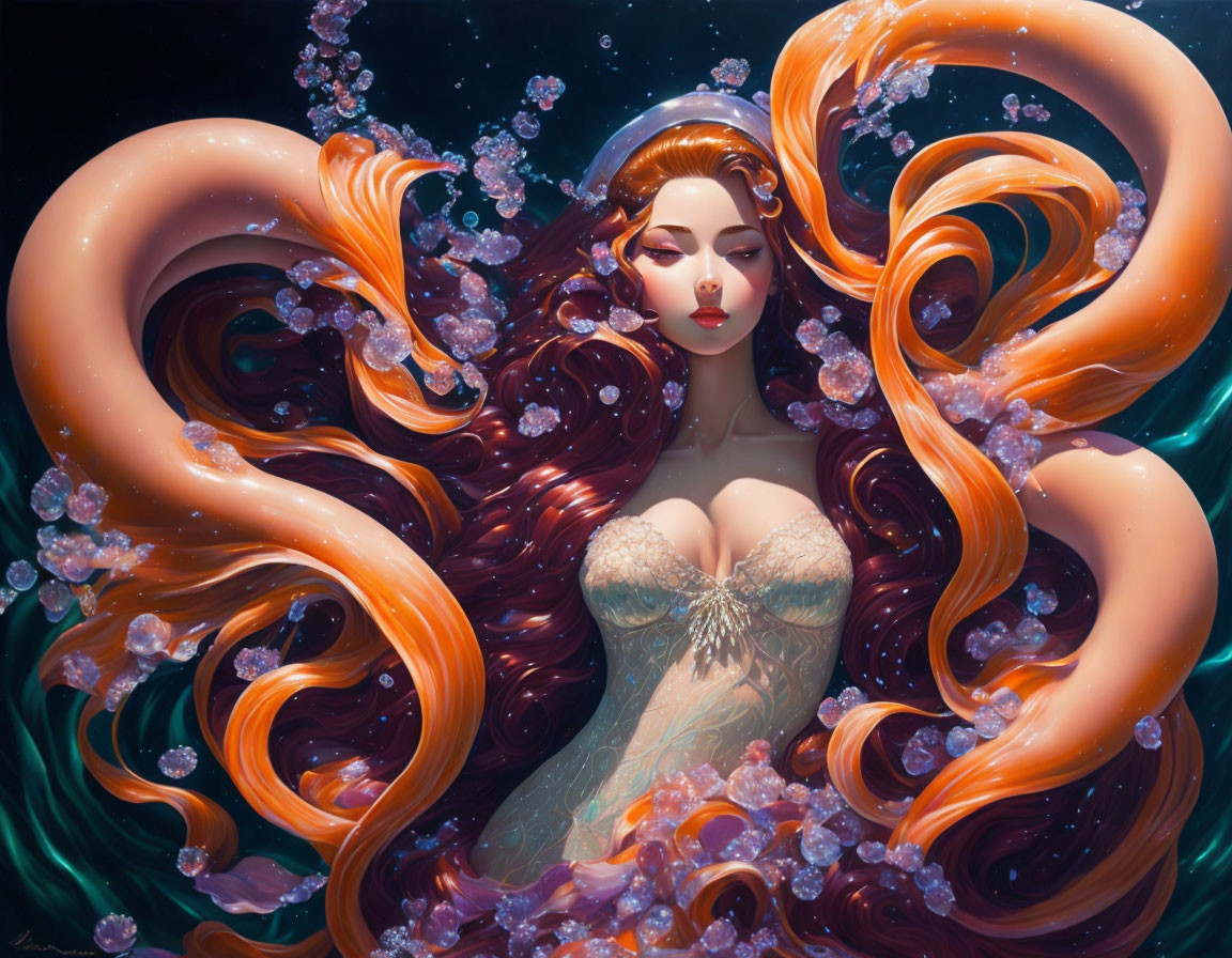 Illustration of woman with long orange hair adorned with blossoms underwater