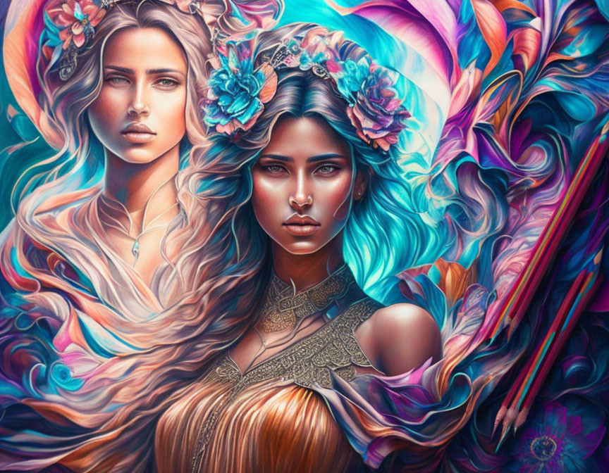 Colorful fantasy-themed illustration featuring two women with floral headpieces merged with vibrant abstract designs