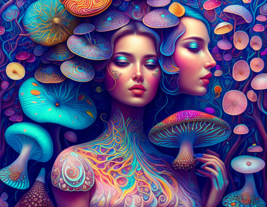 Vibrant psychedelic women with colorful skin patterns and stylized mushrooms in dreamlike art