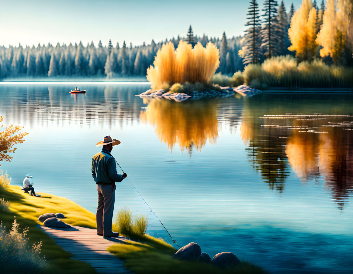 Tranquil lake with fishing person, dog, golden trees, and distant canoe