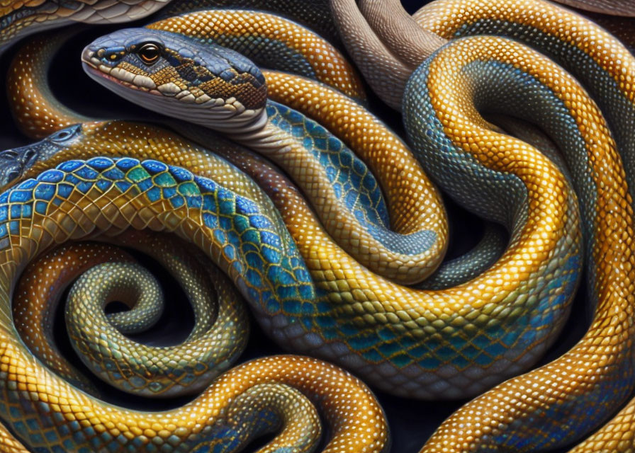 Colorful intertwined snakes with blue, yellow, and brown scales in close-up view