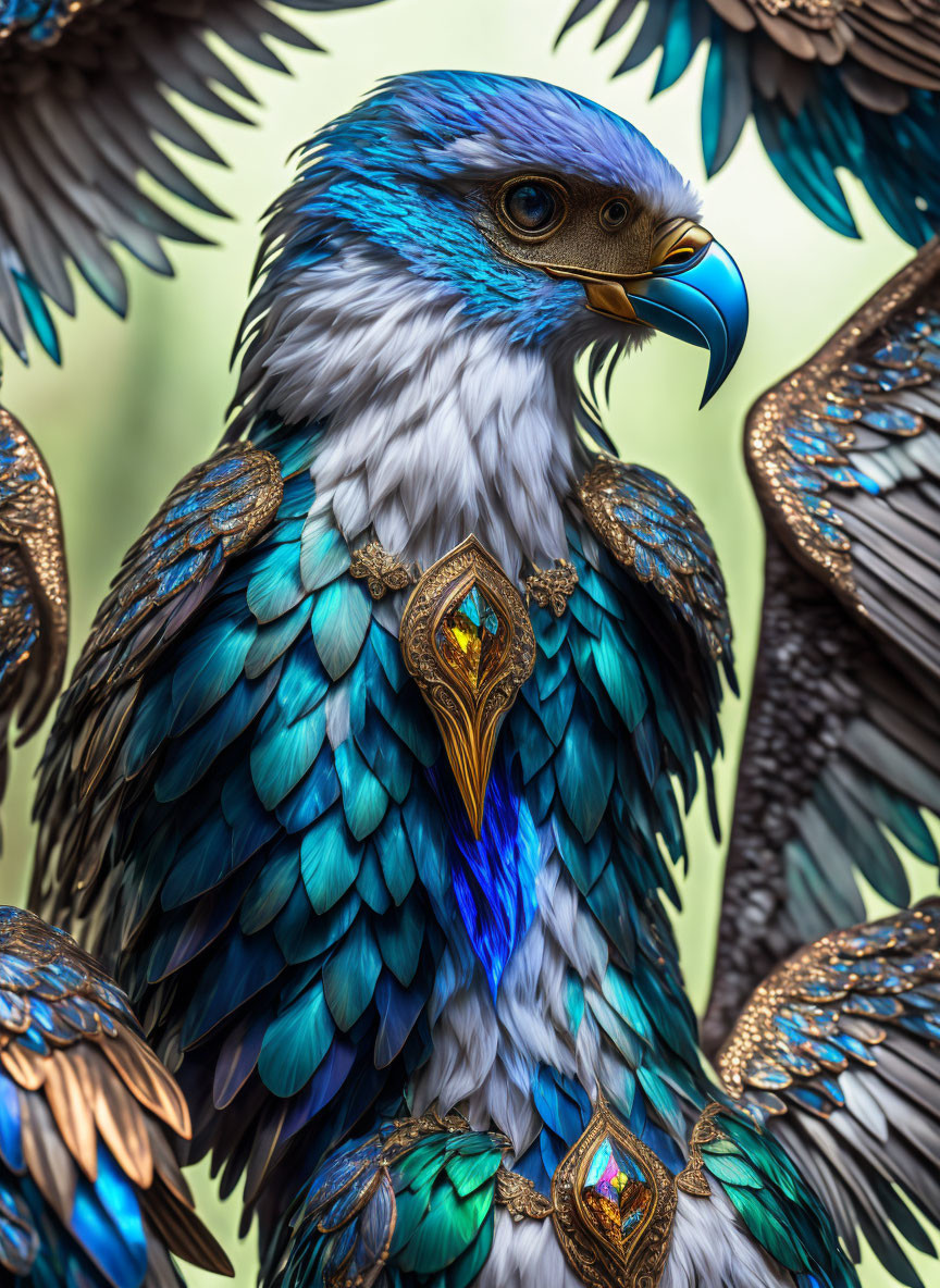 Vibrant blue and white feathered bird with ornate golden jewelry