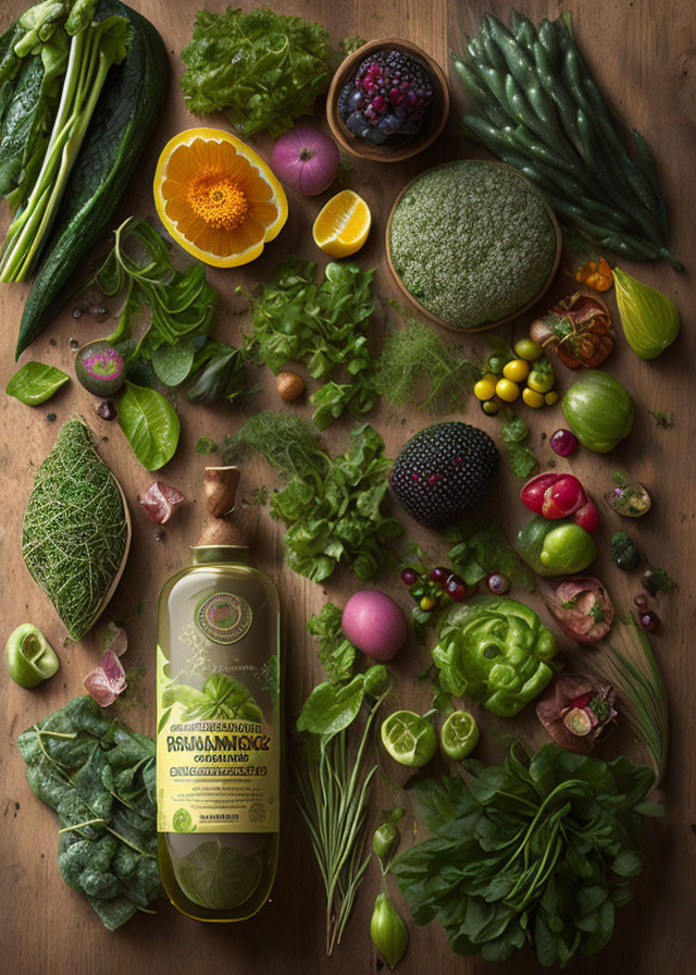 Assorted fresh vegetables and fruits on wooden surface with green juice bottle