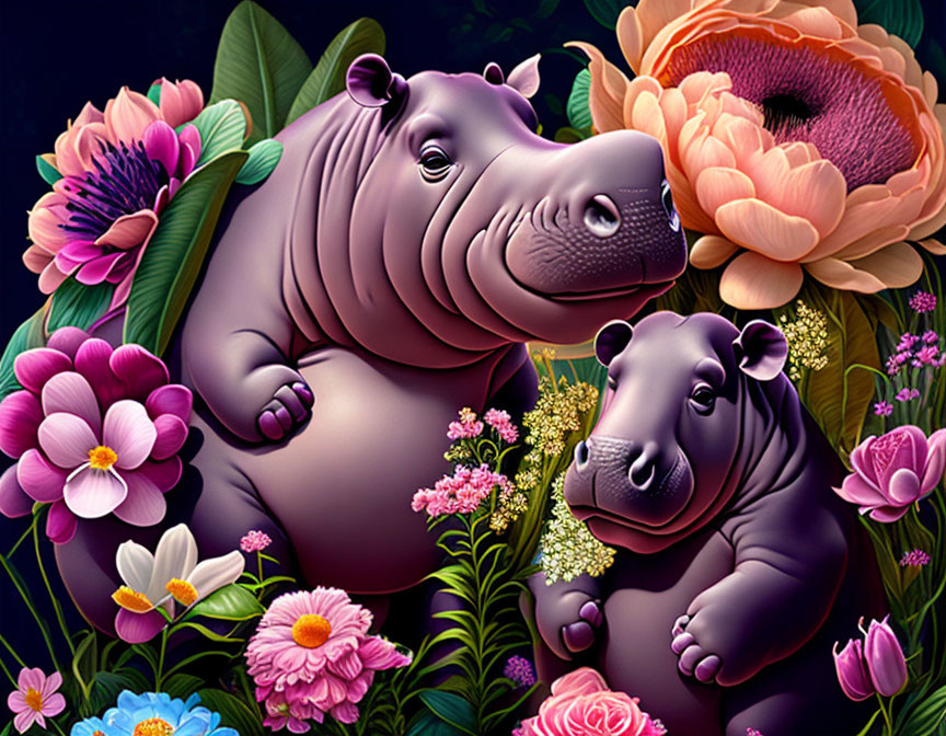 Vibrant illustration of mother and baby hippopotamus with pink and orange flowers