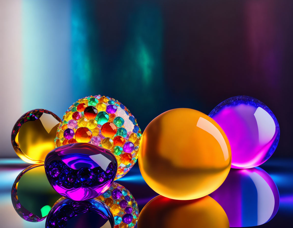 Colorful Glass Spheres Reflecting on Glossy Surface
