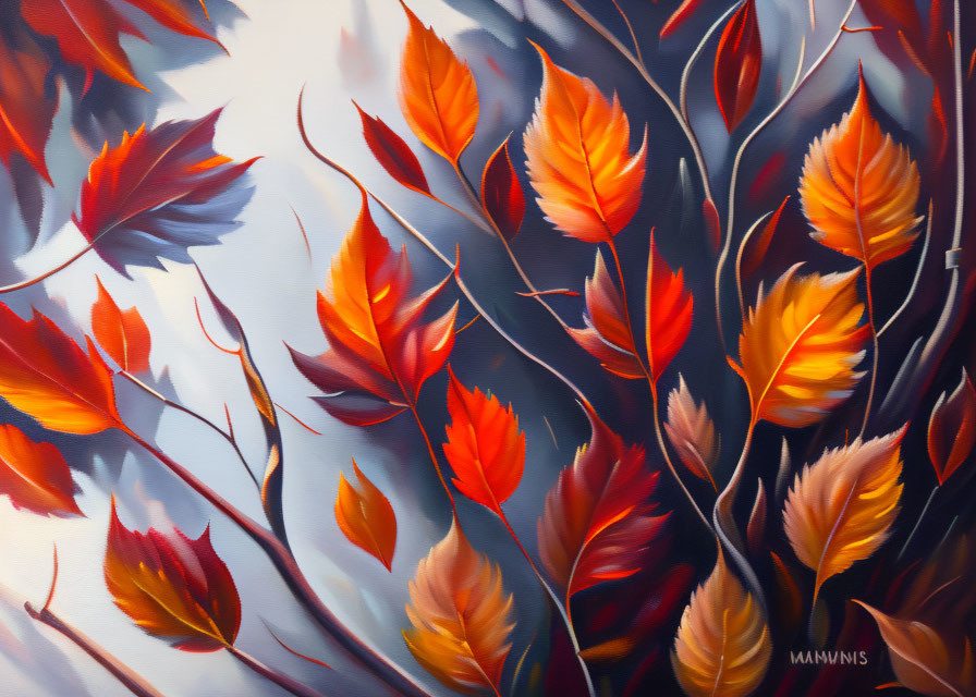 Vivid Stylized Autumn Leaves in Red, Orange, and Blue