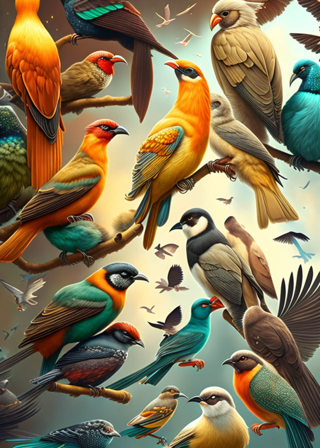 Vibrant bird illustrations with unique feather patterns on soft background