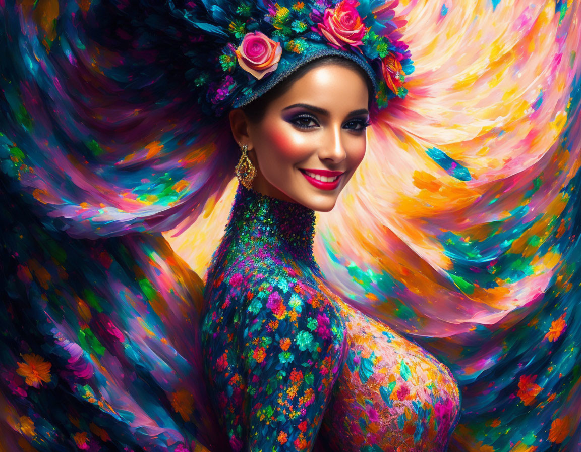 Colorful digital artwork of a woman merging with floral elements in dynamic brushstrokes