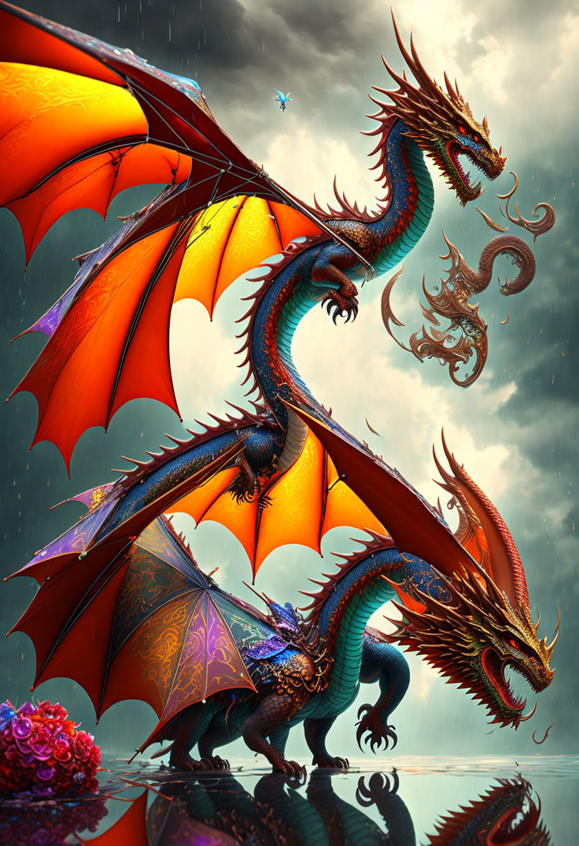Multicolored dragon with expanded wings under stormy sky