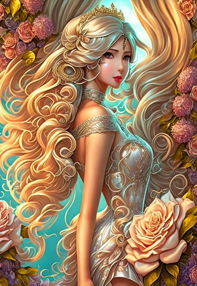 Regal woman with golden hair and crown in rose backdrop.