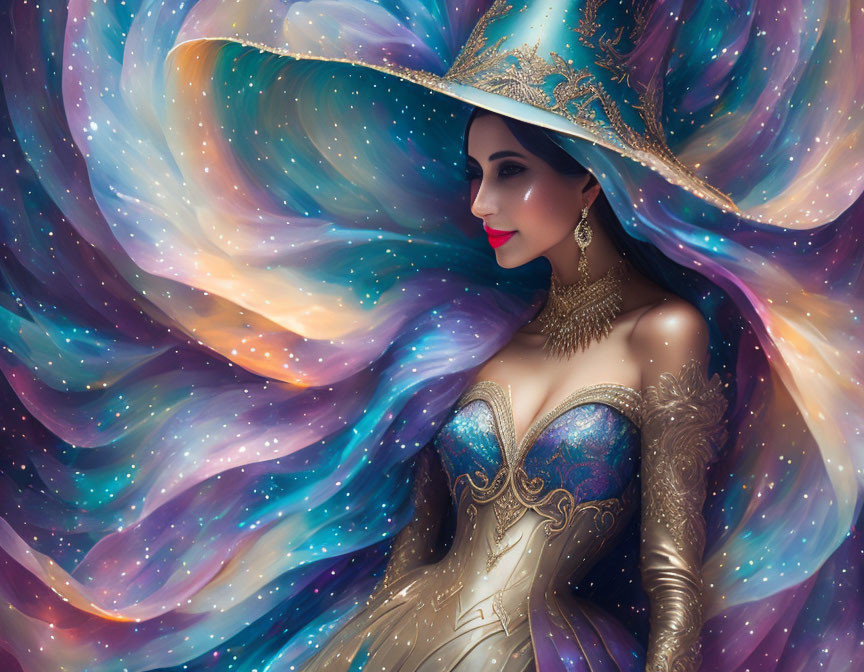 Ethereal woman in golden cosmic costume with nebula hat.