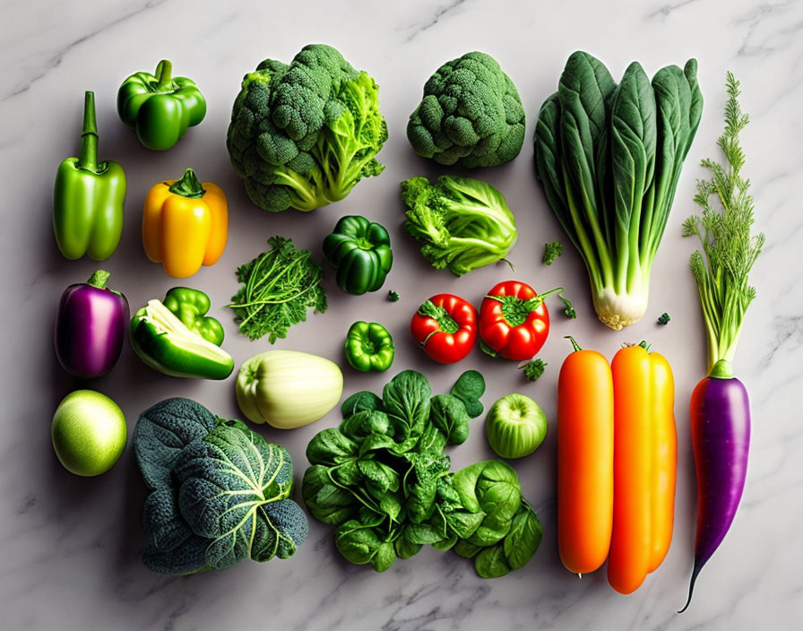 Colorful Fresh Vegetables Displayed on Marble Surface