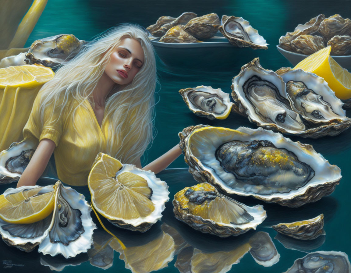 Woman in Yellow Blouse Surrounded by Oysters and Lemon Slices