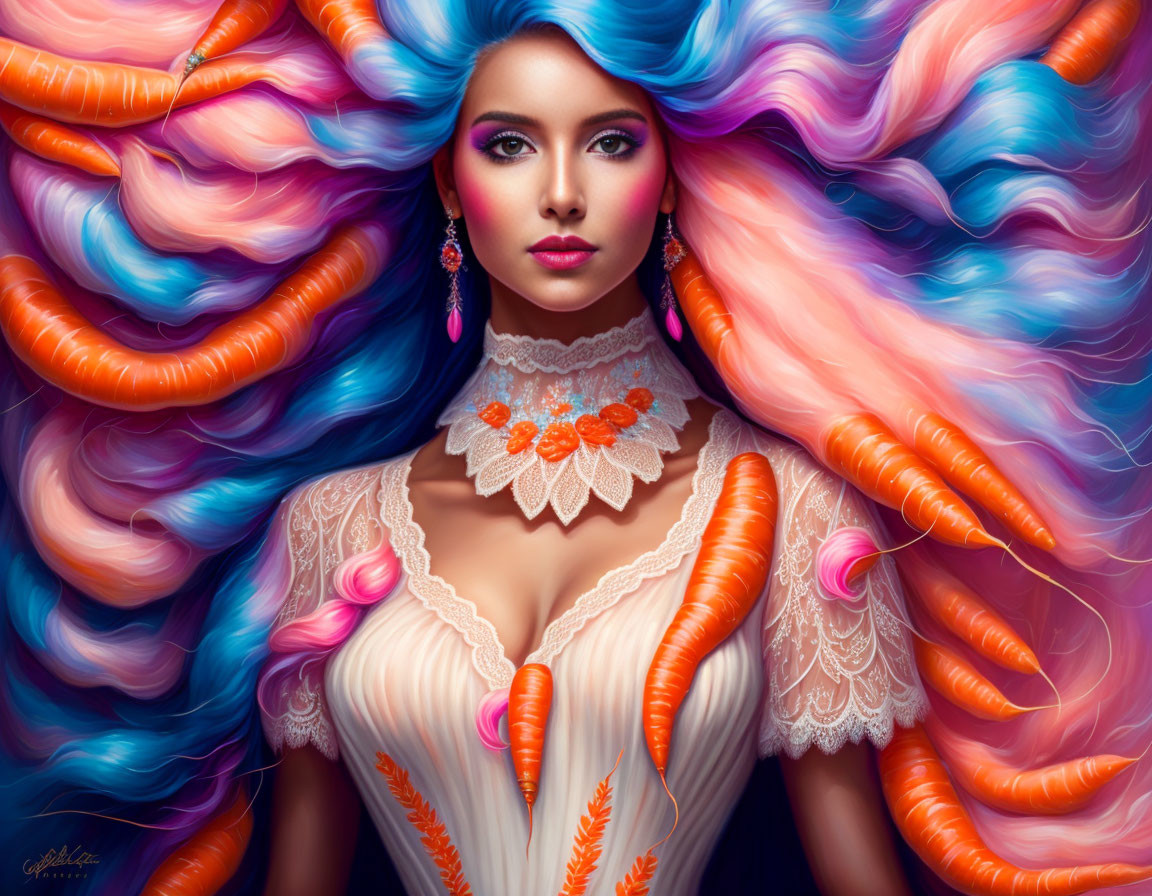 Colorful woman portrait with voluminous hair and lace clothing
