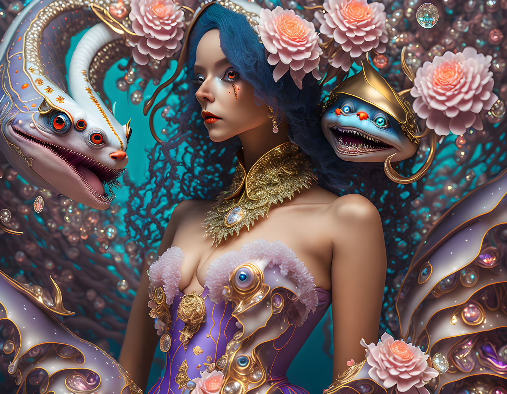 Fantastical portrait of woman with blue hair and fish creatures in dreamy setting