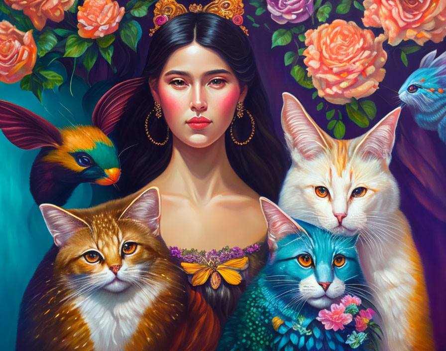 Woman with cats, bird, and avian creature in vibrant floral setting