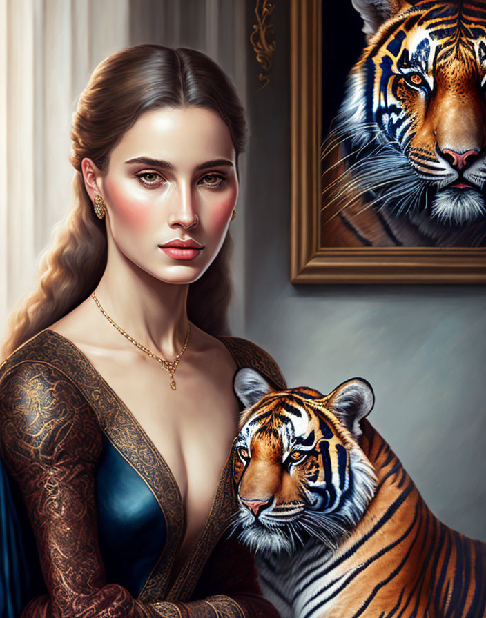 Woman with Braided Hair in Blue Dress Poses with Tiger and Tiger Painting