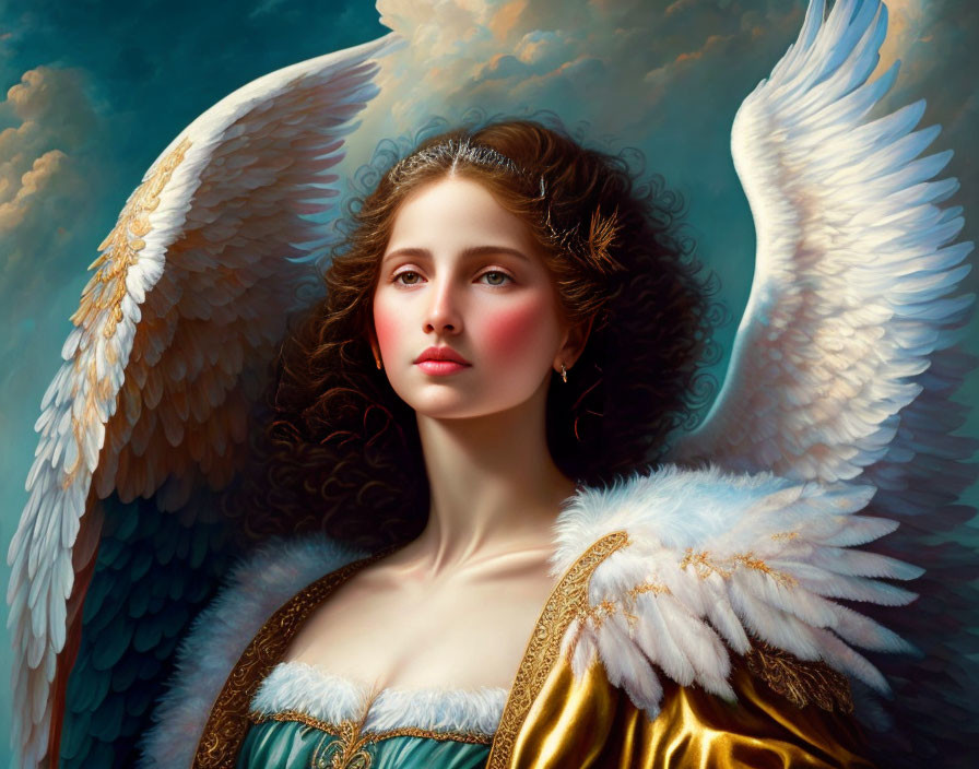 Digital artwork of a woman with angel wings in a green and gold dress