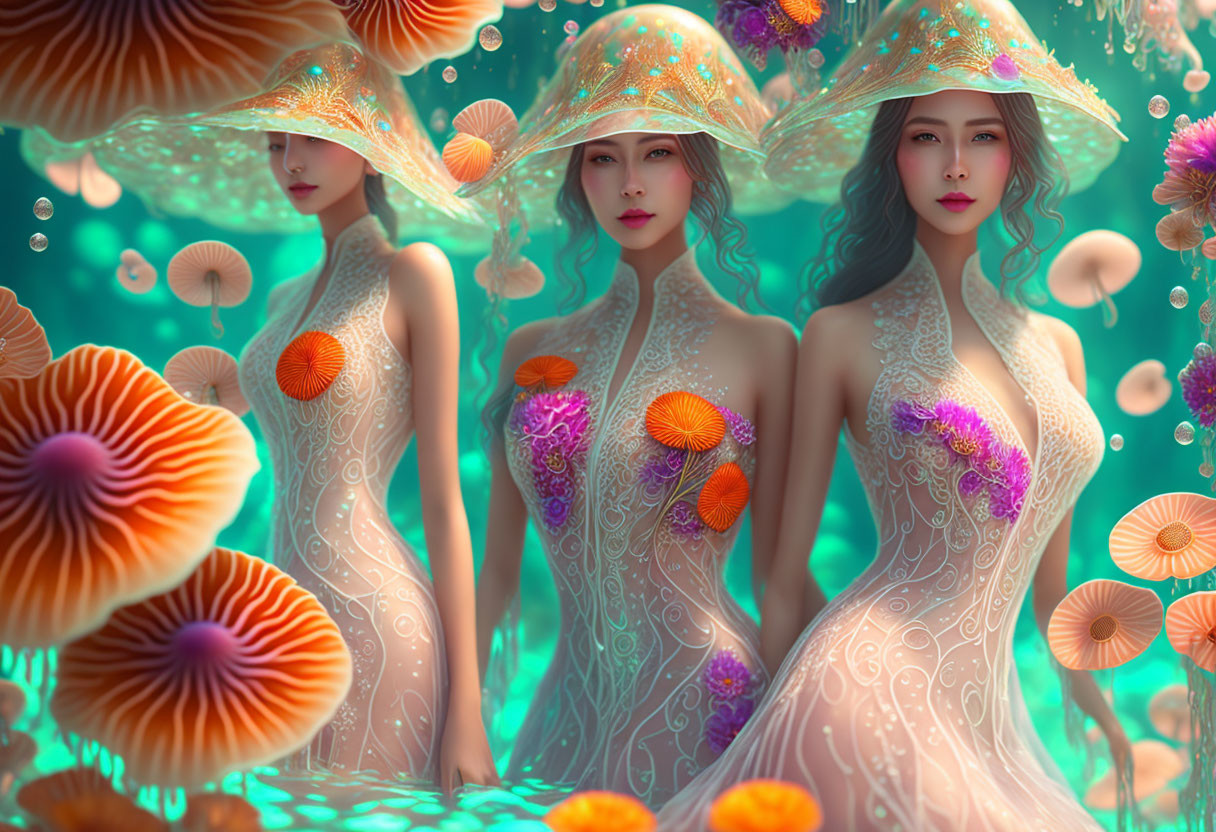 Ethereal women in jellyfish-like hats among vibrant mushrooms in translucent gowns
