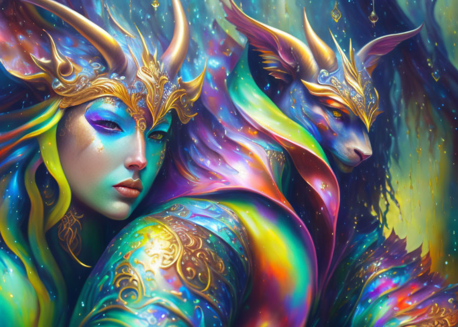 Vibrant, iridescent fantastical beings with golden deer masks in colorful aura