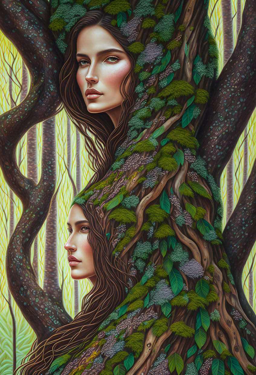 Artistic image: Women's faces merge with tree trunks in lush green setting
