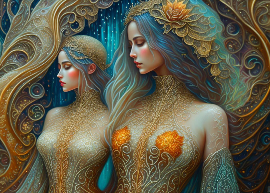 Ethereal women in golden headdresses and floral garments on starry background