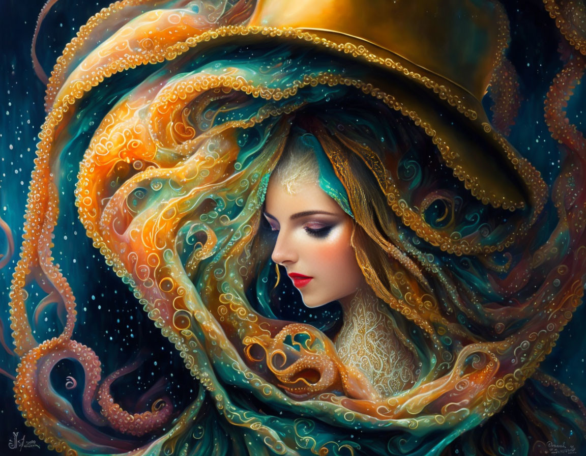 Surreal portrait: Woman with flowing orange and teal tentacle-like hair on dark blue background