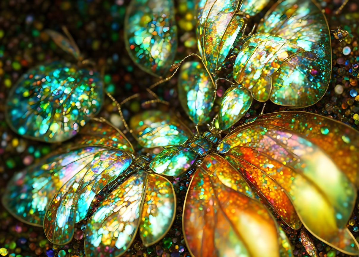 Iridescent butterfly wings with vivid spectrum of colors on sparkling background