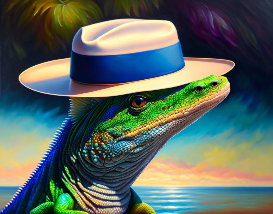 Colorful Tropical Sunset Green Iguana with Stylish White Hat