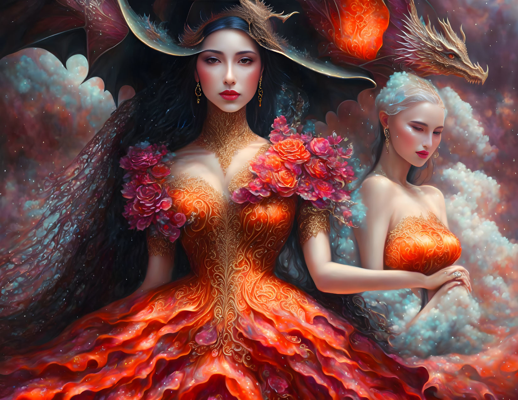 Ethereal women in ornate dresses with dragon in dreamlike setting