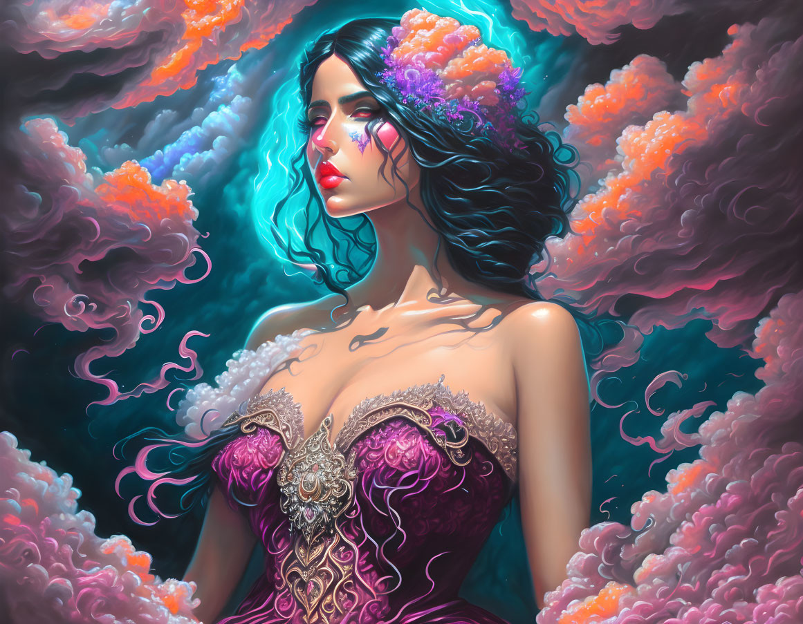 Digital artwork: Woman with blue hair in purple dress, pink clouds, dreamy atmosphere