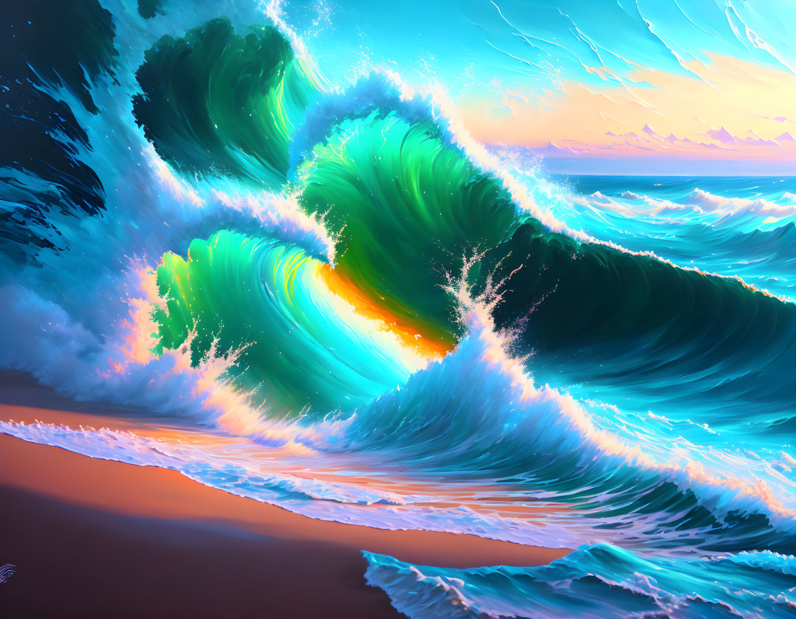 Colorful digital artwork: Large ocean wave under sunset sky