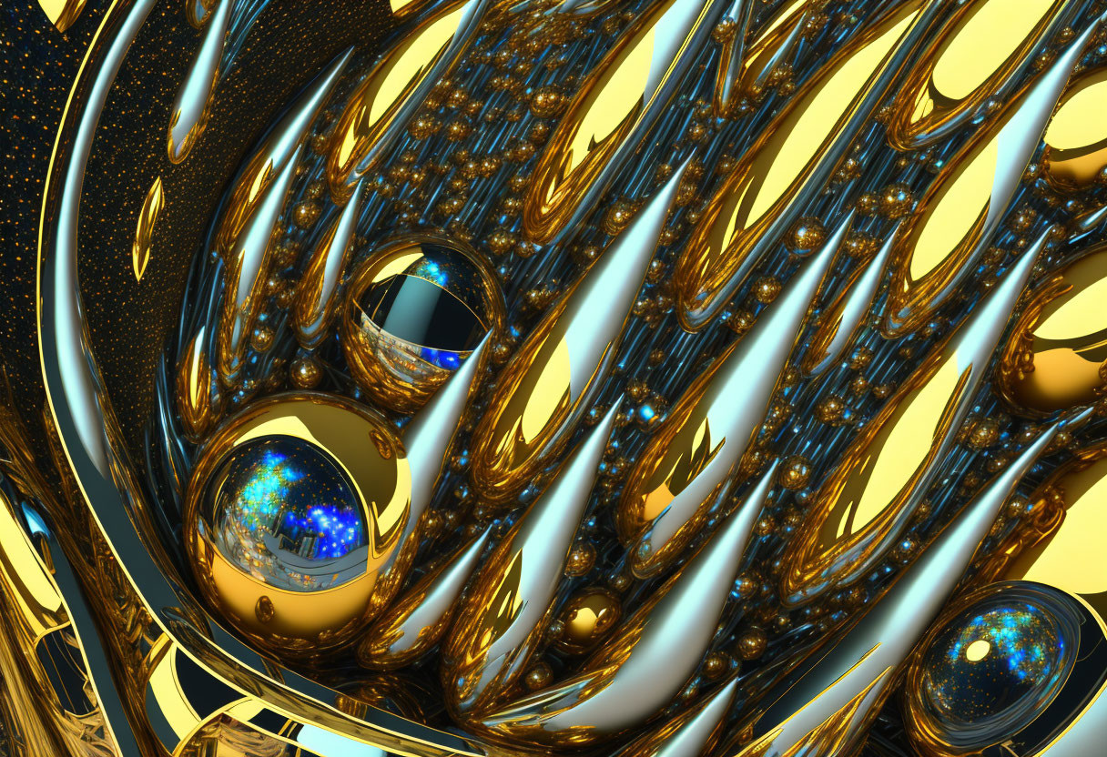 Shiny golden spirals and reflective spherical shapes in abstract fractal art