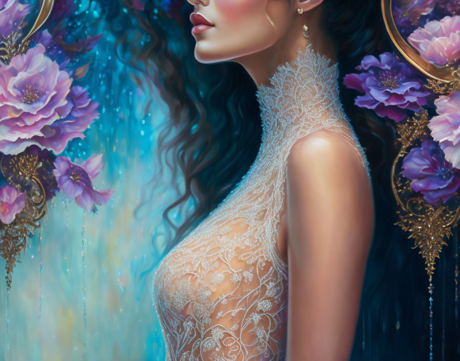 Illustrated woman with wavy hair in lacy gown, purple flowers, surreal blue backdrop.