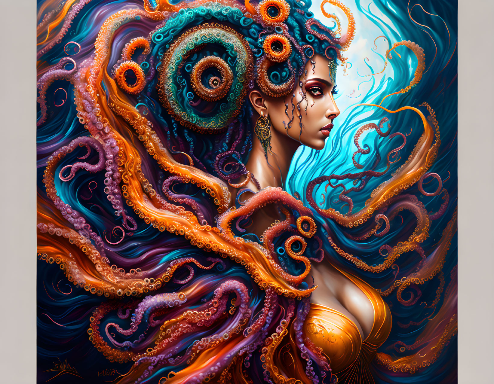 Vibrant artwork: Woman with octopus-like tentacles in blue, orange, and purple