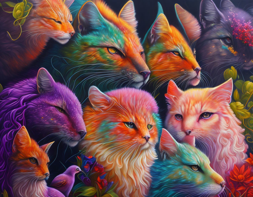 Colorful Stylized Foxes Painting with Magical Aura