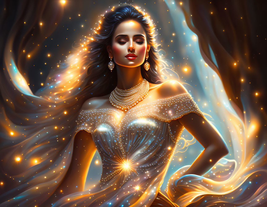 Cosmic-themed portrait of a woman in flowing gown with pearls and stars