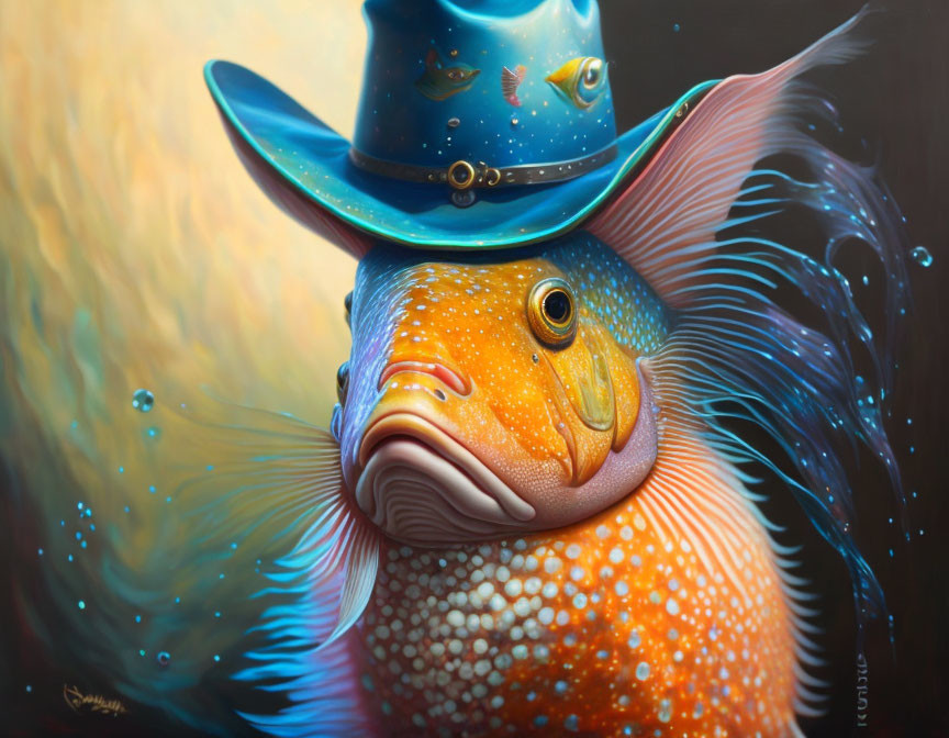 Colorful Painting: Large Orange Fish with Human-Like Features and Wizard Hat