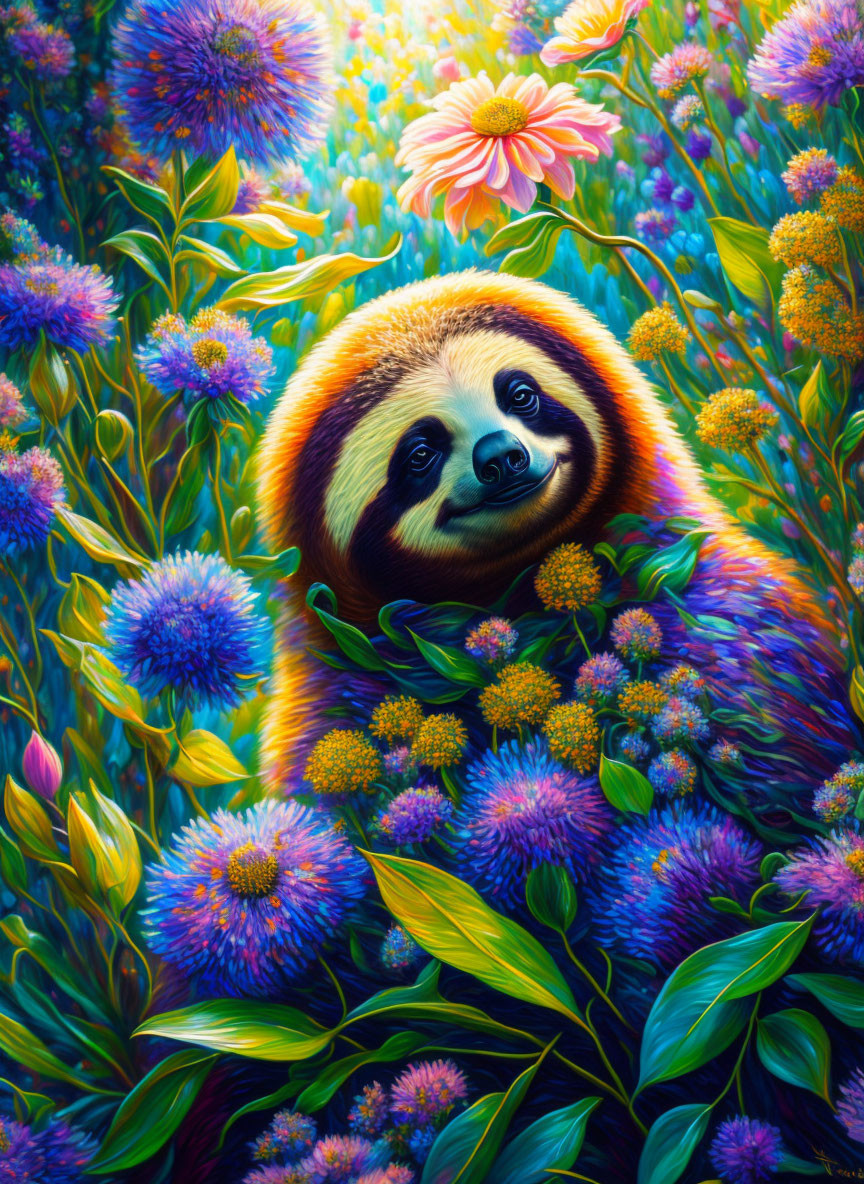 Smiling sloth surrounded by vibrant flowers and lush foliage