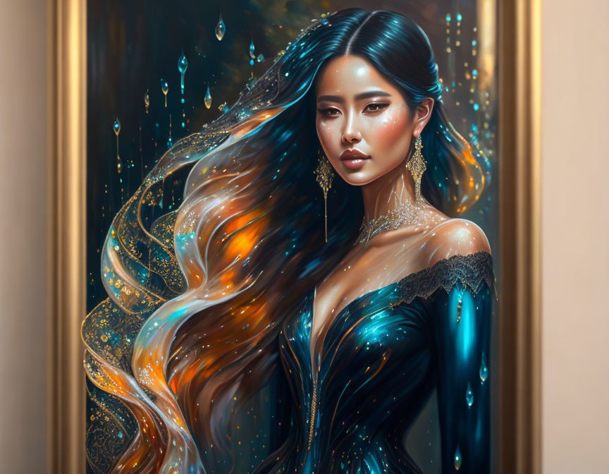 Stylized portrait of woman in teal dress with flowing hair in ornate golden frame