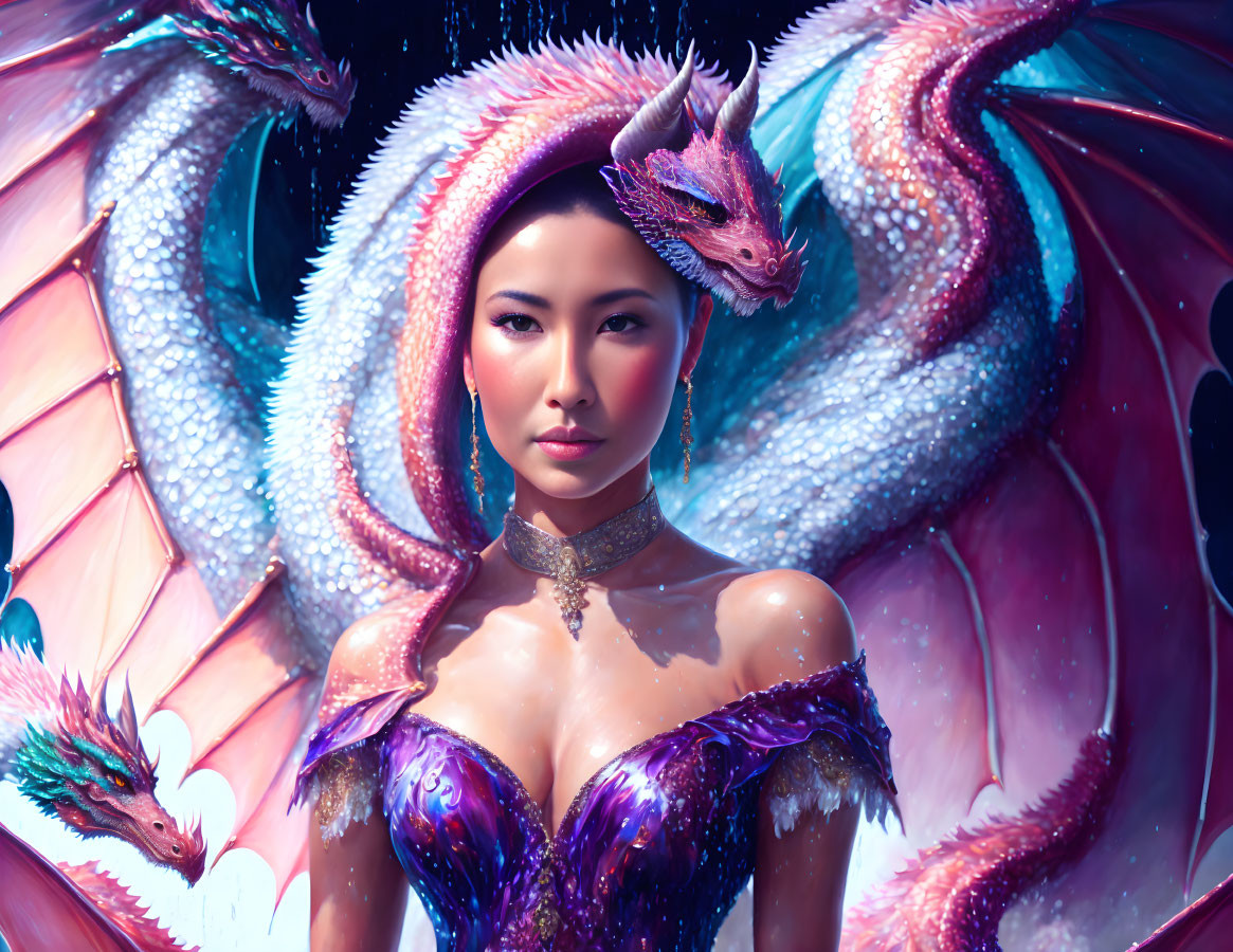 Woman with striking makeup and fantastical dragon in pink and purple against vivid background