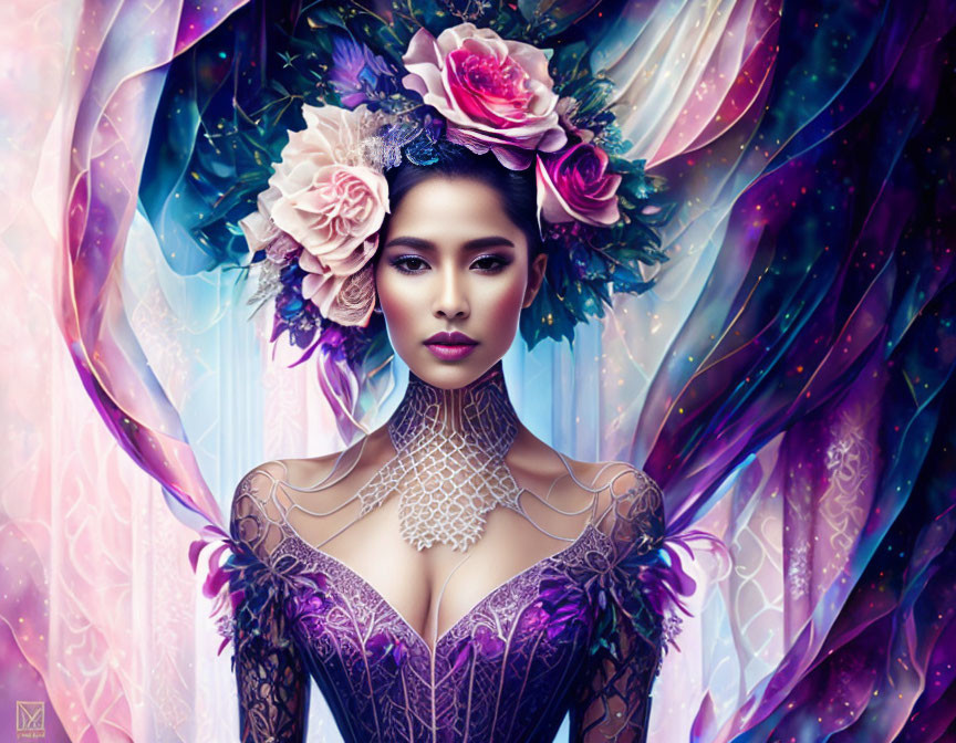 Digital Artwork: Woman with Flowers in Hair, Purple Dress, Cosmic Background