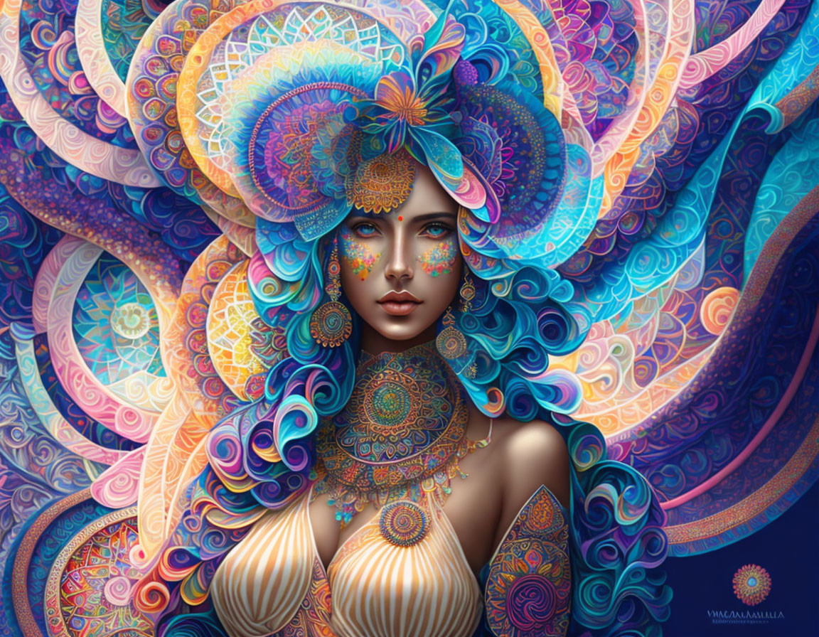 Colorful digital artwork of woman with intricate patterns and mandala designs