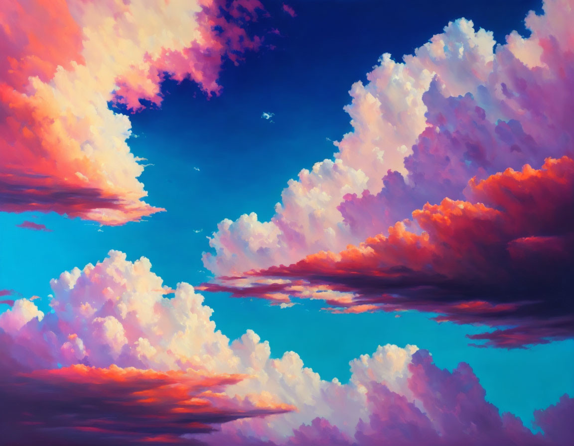 Colorful sky painting with fluffy clouds in pink, orange, and purple on blue background