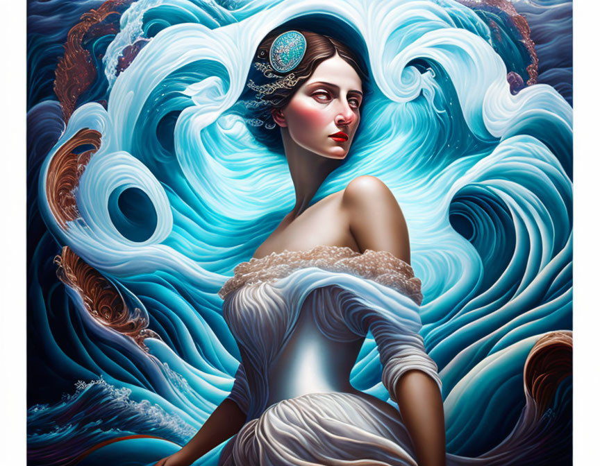 Portrait of woman with flowing wave hair and blue gown merging with sea