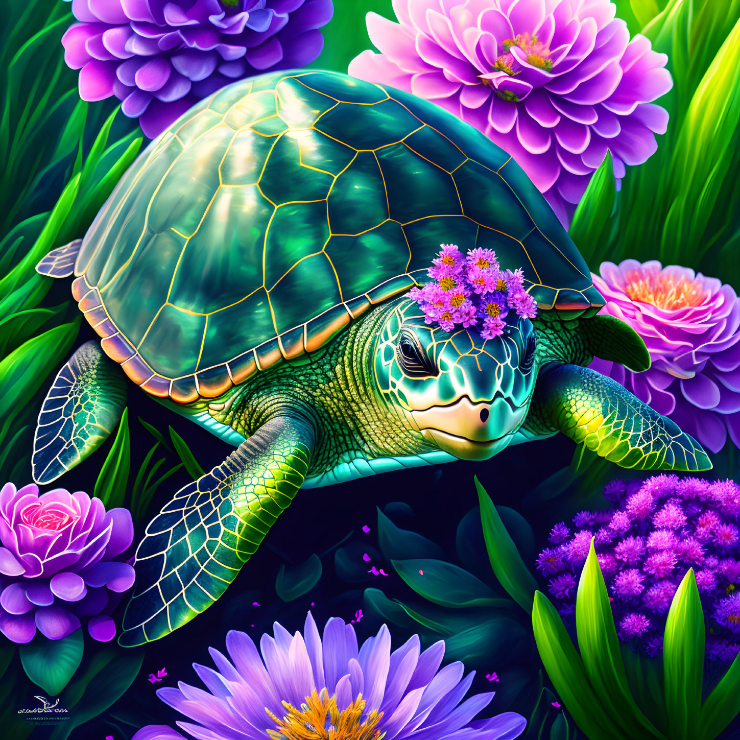 Colorful Sea Turtle Swimming Among Water Lilies and Foliage