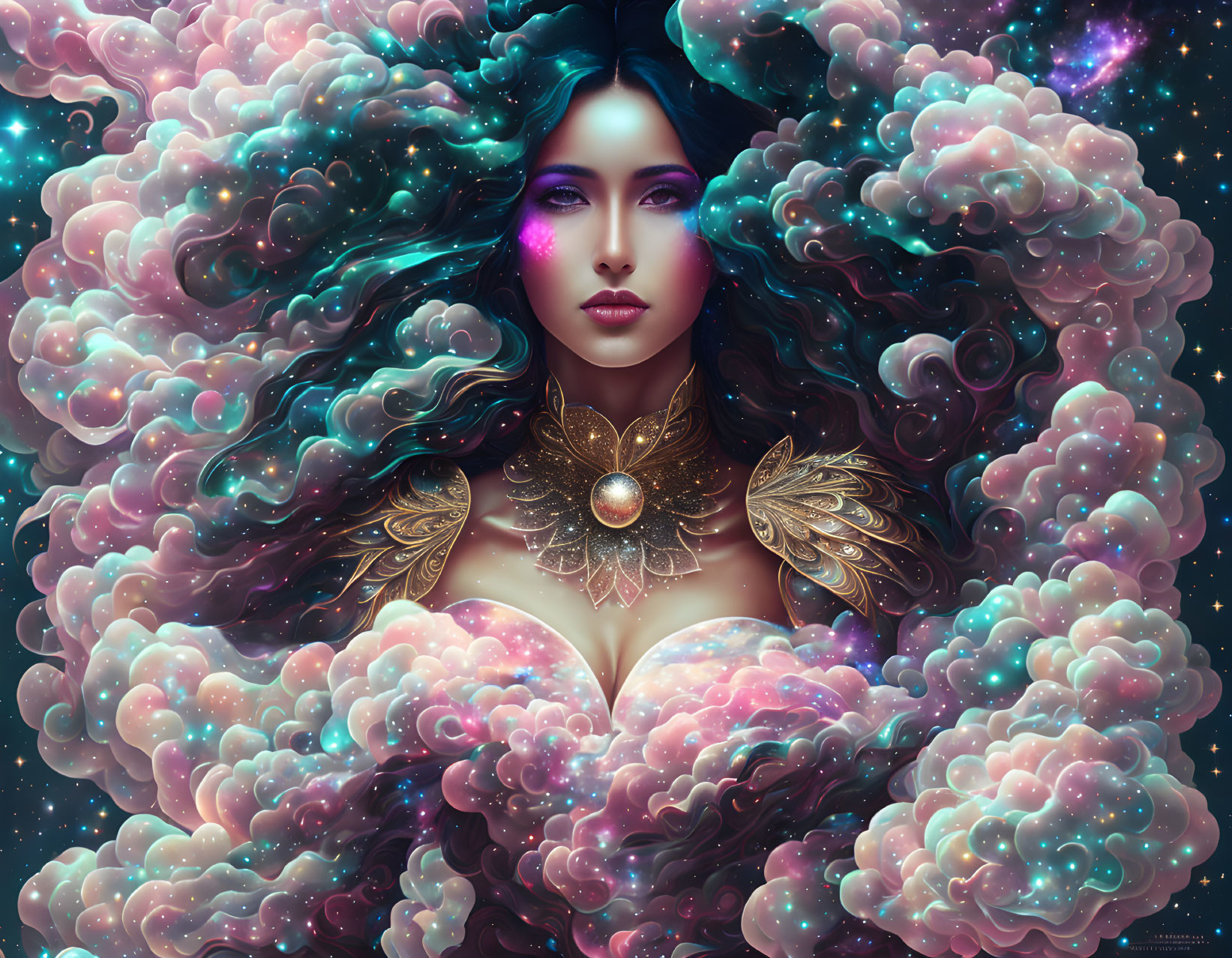 Mystical female figure with cosmic hair and golden neckpiece against starry backdrop