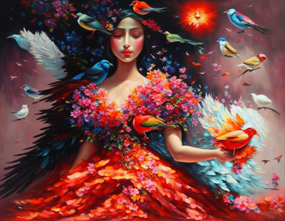 Serene woman in floral dress with bird wings surrounded by colorful birds