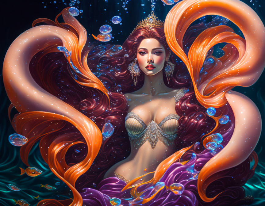 Regal mermaid with red hair, crown, and jewels underwater